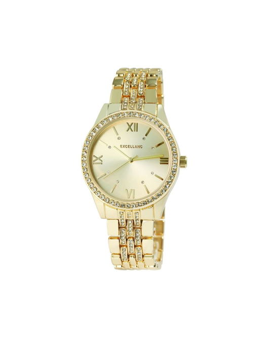 Damenuhr mit Metallarmband, Similibesatz, goldfarben